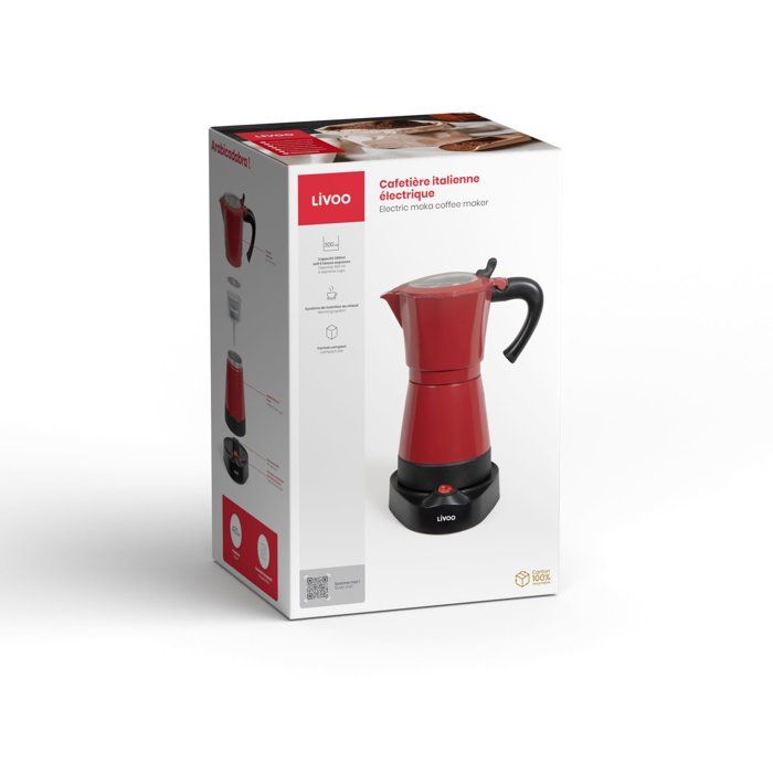 Cafetiere italienne électrique - LIVOO - DOD117RC - 480 W - 300 ml - 6 tasses - Rouge / Noir