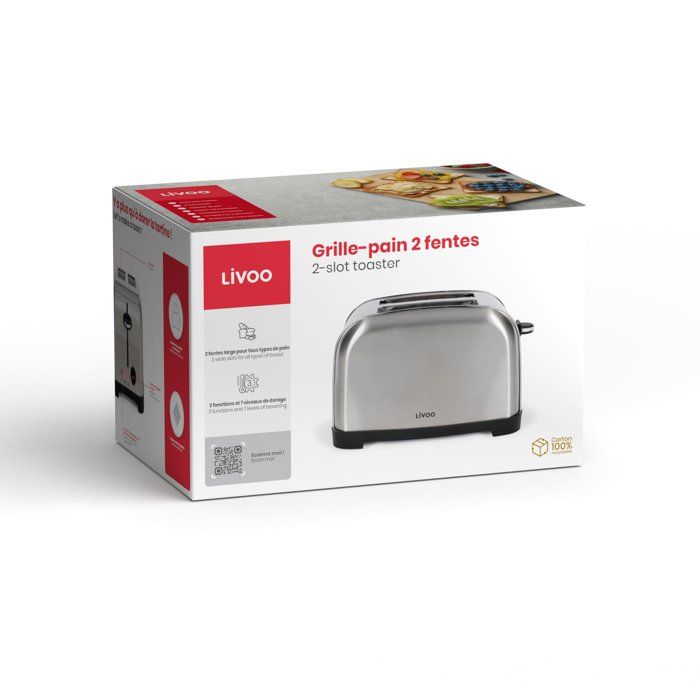 Grille-pain 2 fentes - LIVOO - DOD196 - 850 W - Thermostat réglable : 7 niveaux - Acier inoxydable