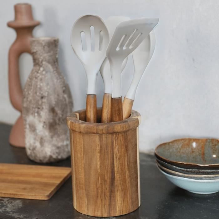Set de 4 ustensiles avec pot - LIVOO - MES153G - Pot et ustensiles acacia FSC - En silicone 31 cm - Pot 15 sx 12 cm