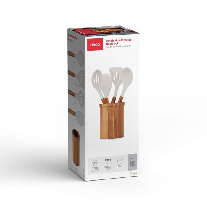 Set de 4 ustensiles avec pot - LIVOO - MES153G - Pot et ustensiles acacia FSC - En silicone 31 cm - Pot 15 sx 12 cm