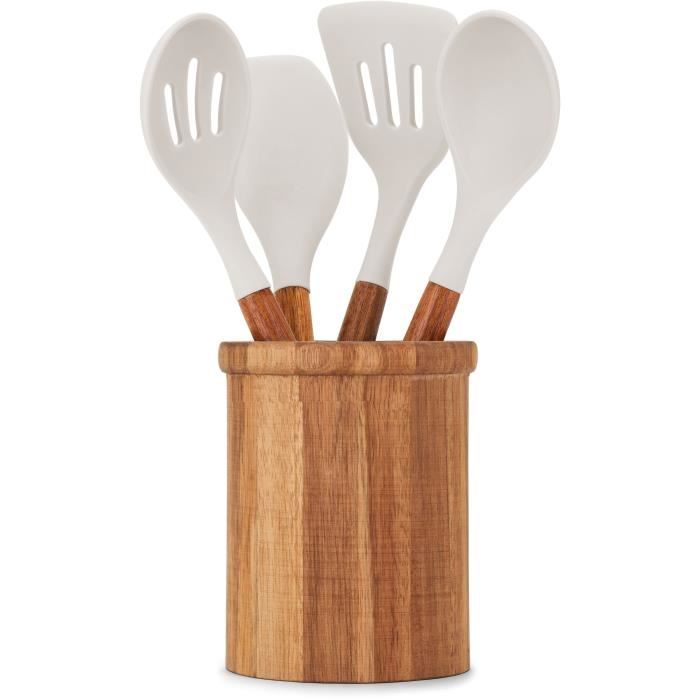 Set de 4 ustensiles avec pot - LIVOO - MES153G - Pot et ustensiles acacia FSC - En silicone 31 cm - Pot 15 sx 12 cm