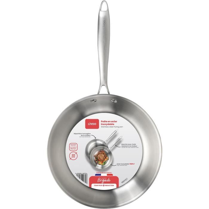 Poele Acier inoxydable 18/10 Triply Brigade 20 cm - LIVOO - MEP157 - Tous feux dont induction - Made in France