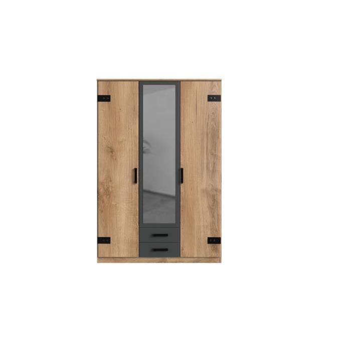 Armoire CORFOU - Décor Chene et gris anthracite + Miroir - 3 portes battantes - 2 tiroirs - L135 x P58 x H199 cm