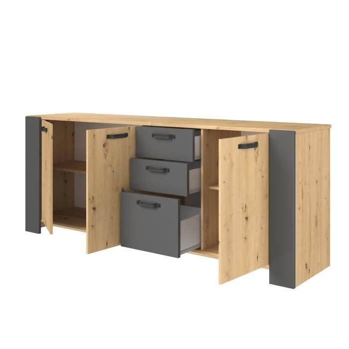 Buffet LOFT - DÈcor chene artisan et mÈlamine gris ombre - 3 portes et 3 tiroirs - L 220 x P 52 x H 86.5 cm - PARISOT