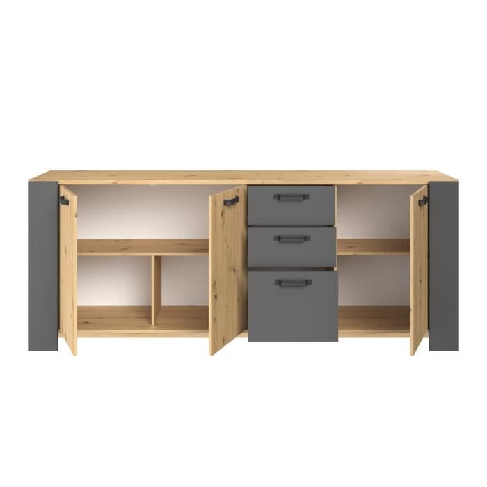 Buffet LOFT - DÈcor chene artisan et mÈlamine gris ombre - 3 portes et 3 tiroirs - L 220 x P 52 x H 86.5 cm - PARISOT