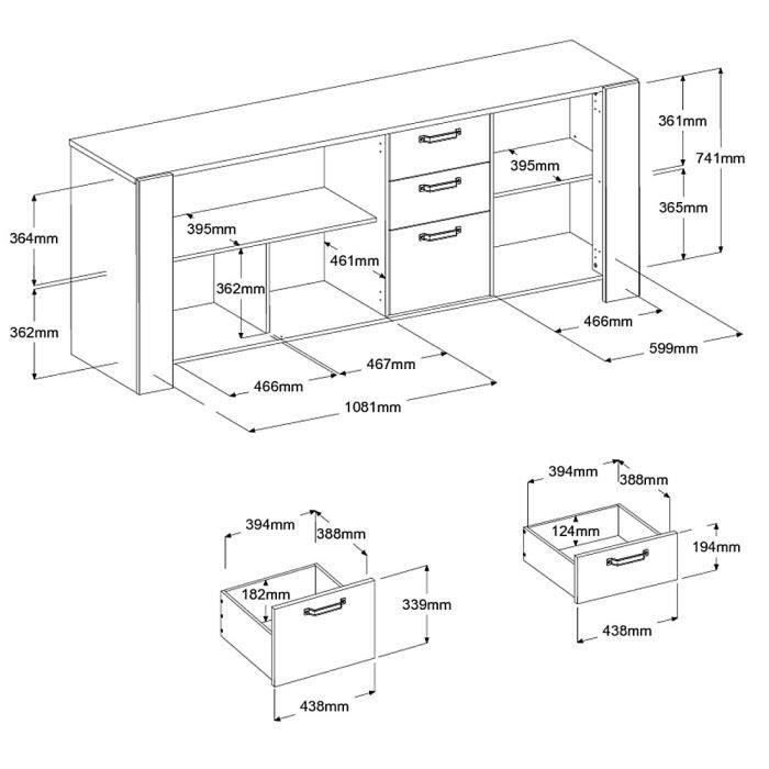 Buffet LOFT - Décor chene artisan et mélamine gris ombre - 3 portes et 3 tiroirs - L 220 x P 52 x H 86.5 cm - PARISOT