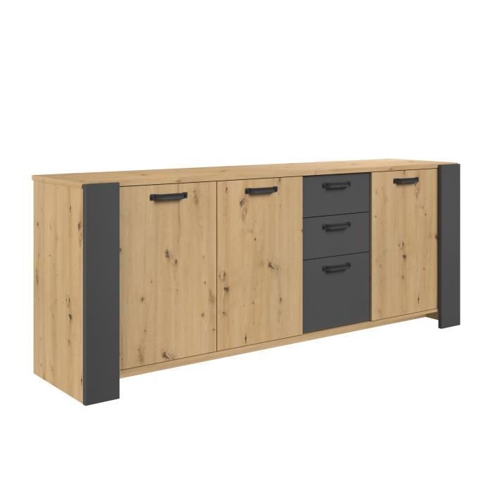 Buffet LOFT - Décor chene artisan et mélamine gris ombre - 3 portes et 3 tiroirs - L 220 x P 52 x H 86.5 cm - PARISOT