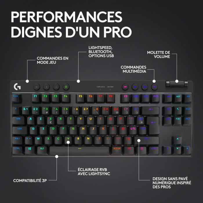 Clavier gamer - Sans fil - Logitech G Pro X TKL Lightspeed - AZERTY - Mécanique - Rétroéclairé - Noir