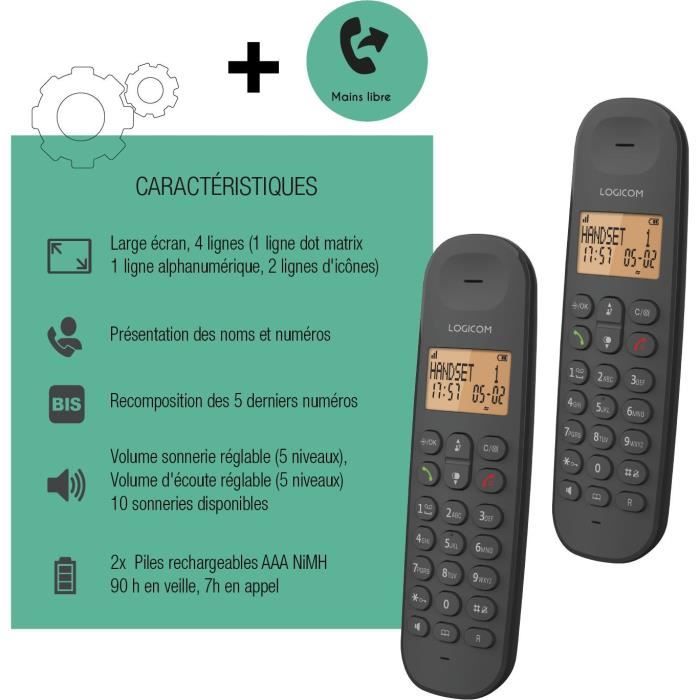 TÈlÈphone fixe sans fil - LOGICOM - DECT ILOA 250 DUO - Noir - Sans rÈpondeur