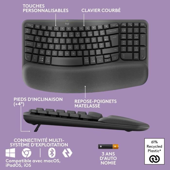 Clavier - Sans fil - Logitech - Wave Keys - AZERTY - Ergonomique - Repose poignets