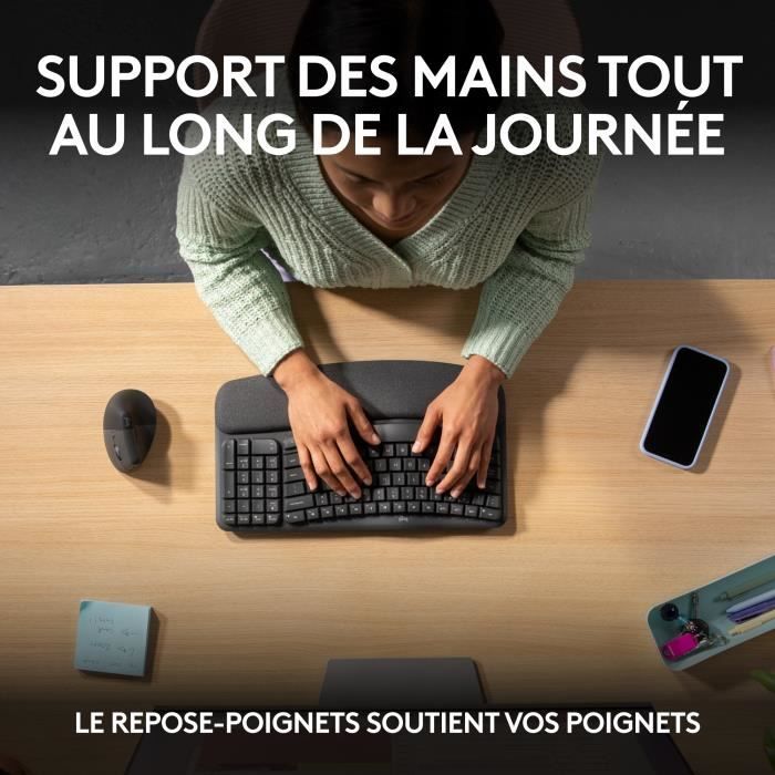 Clavier - Sans fil - Logitech - Wave Keys - AZERTY - Ergonomique - Repose poignets