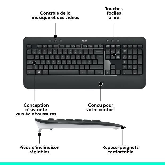 Ensemble Clavier Souris - Sans fil - Logitech - MK540 - AZERTY - Noir