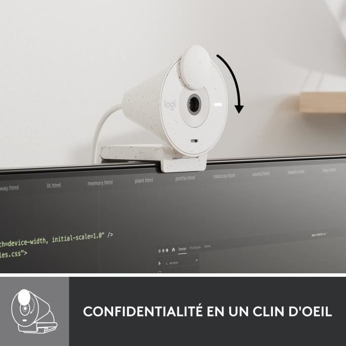 Webcam Logitech Brio 300 Full HD avec confidentialite, micro a reduction de bruit, USB-C - Blanc