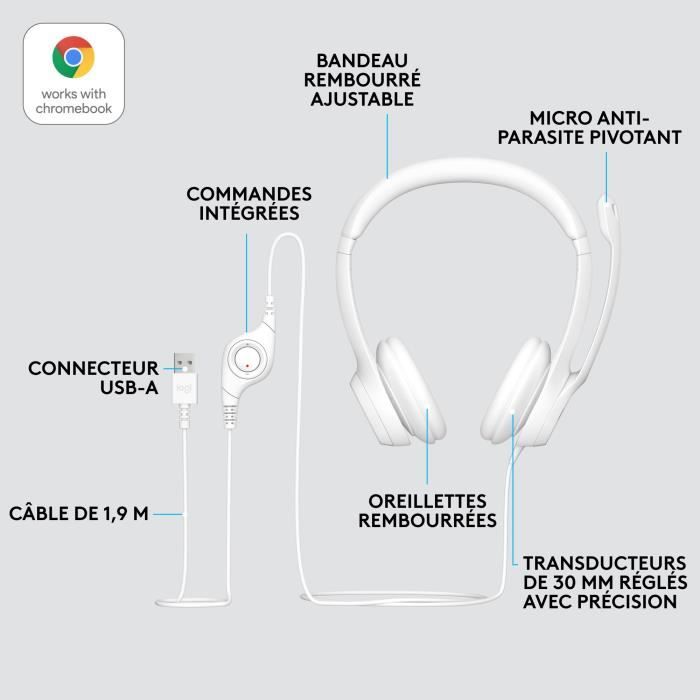 Casque - Filaire - Logitech - H390 - USB - Anti-parasite - Blanc