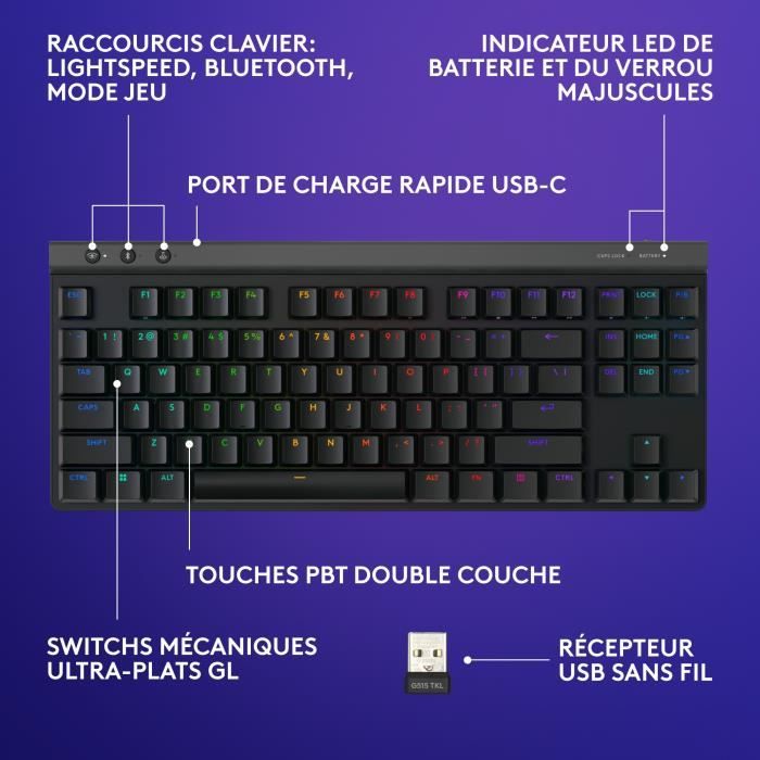 Clavier gamer - Sans fil - Logitech G - G515 Lightspeed TKL - Switch GL Tactile - AZERTY - Noir