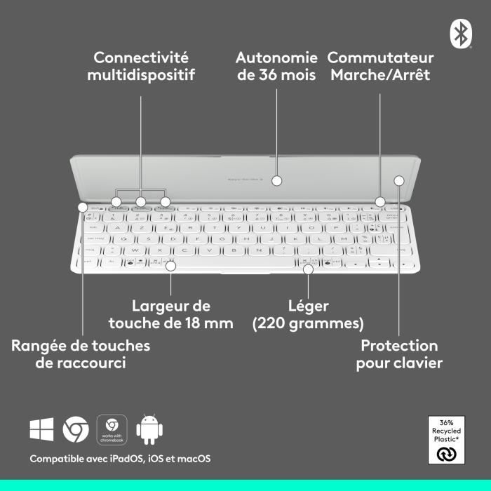 Etui clavier - Logitech - Keys to go 2 - AZERTY - Universel - Gris pâle