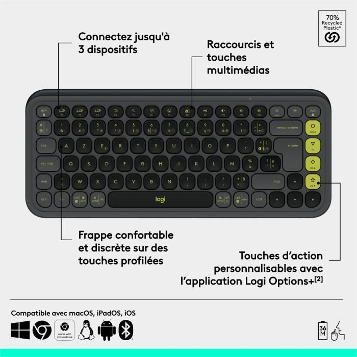 Clavier - Sans fil - Logitech - Pop Icon Keys - AZERTY - Graphite