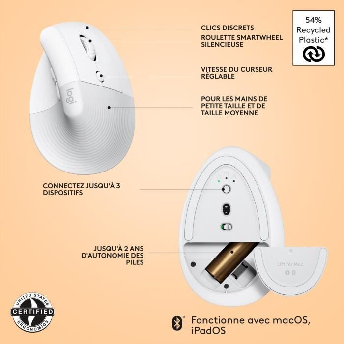 Souris Logitech Lift pour Mac Souris Ergonomique Verticale sans Fil, Bluetooth