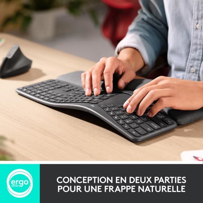 Clavier - Sans fil - Logitech - ERGO K860 - AZERTY - Ergonomique avec repose-poignets - Noir