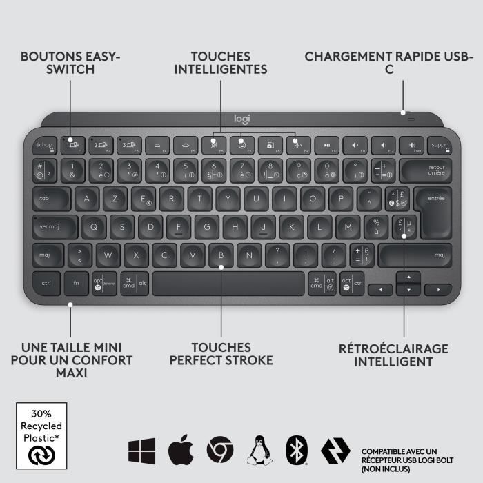 Clavier - Sans Fil - Logitech - MX Keys Mini - rÈtroÈclairÈ - AZERTY - Noir