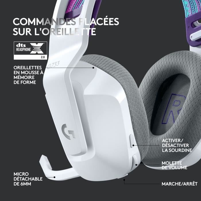Casque gamer - Sans fil - Logitech G - G733 Lightspeed - PS5, PS4, PC, MAC - Blanc