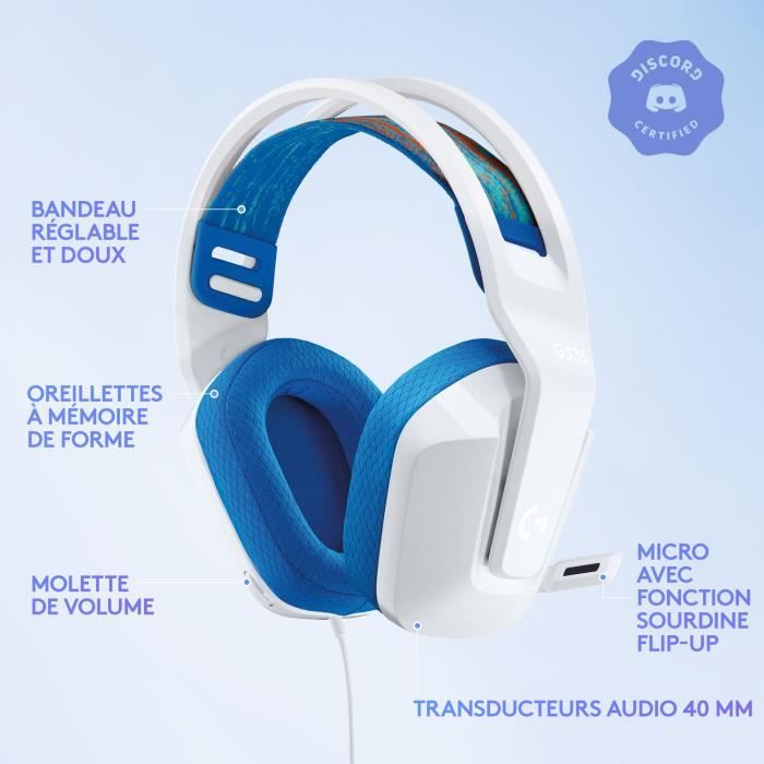 Casque Gamer filaire Logitech G335 (Blanc/Bleu)