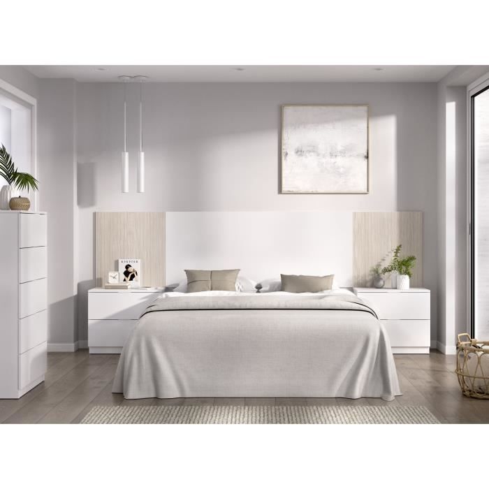 Tete de lit avec chevets intégrés - LOMA - Blanc / Bois - 258,6 x 34,2 x 106 cm