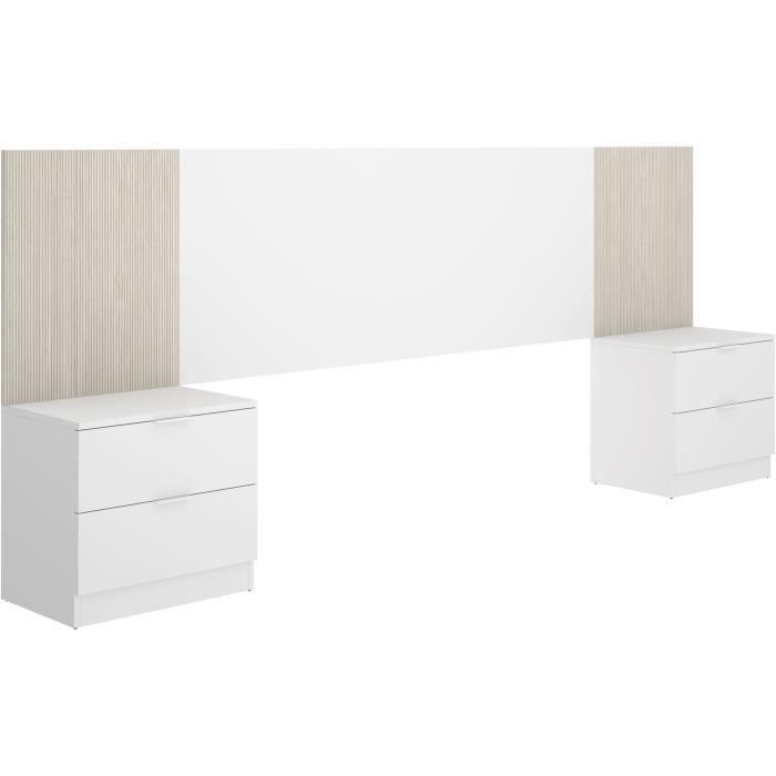 Tete de lit avec chevets intégrés - LOMA - Blanc / Bois - 258,6 x 34,2 x 106 cm