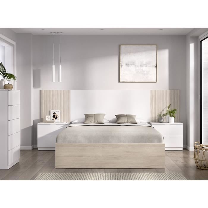 Lit adulte avec chevets intégrés LOMA - 160 x 200 cm - Chene naturel / Blanc