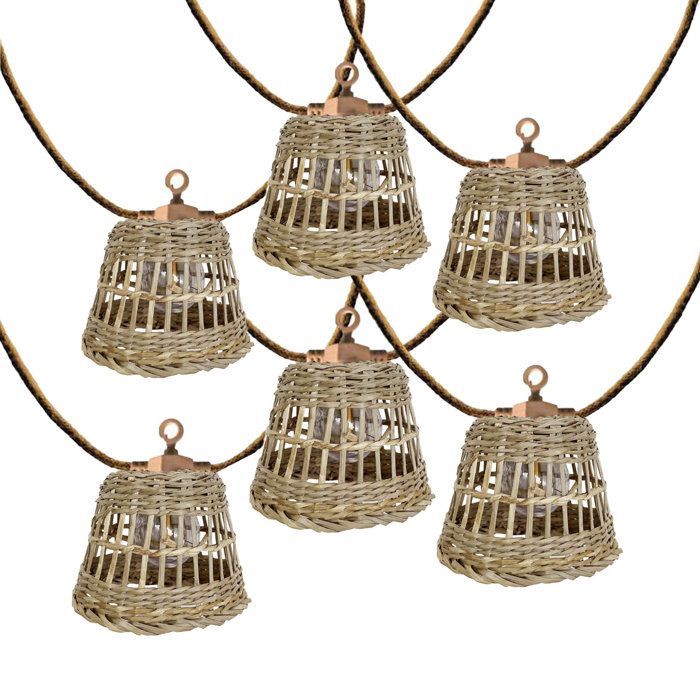 Guirlande extérieure hybride - LUMISKY - SAMOA LIGHT HYBRID - Solaire et secteur - 10 abat-jour rotin LED - Blanc chaud - 8 m