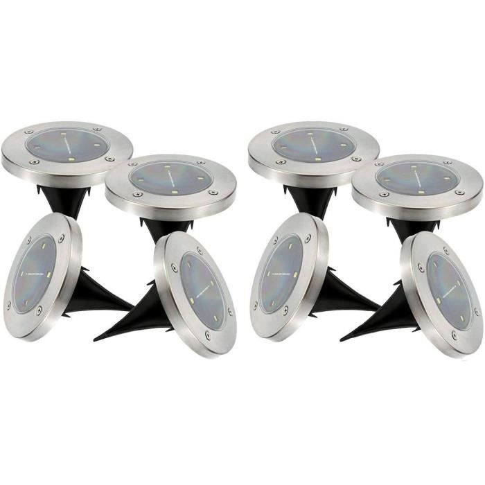 Lot de 8 spots solaires ronds inox encastrable ou a piquer - LUMISKY - DECKY - LED blanc froid - Ř12 cm