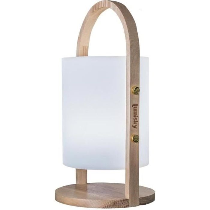 Lanterne extérieure LED Woody - LUMISKY - Blanc - Design scandinave - Poignée en bois naturel - Autonomie 10h