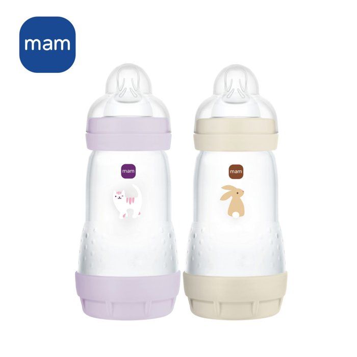 Lot de 2 Biberons - MAM - Easy Start / Anti-Colique - 260 ml - Tétine Débit 2 - Lilas + Sable