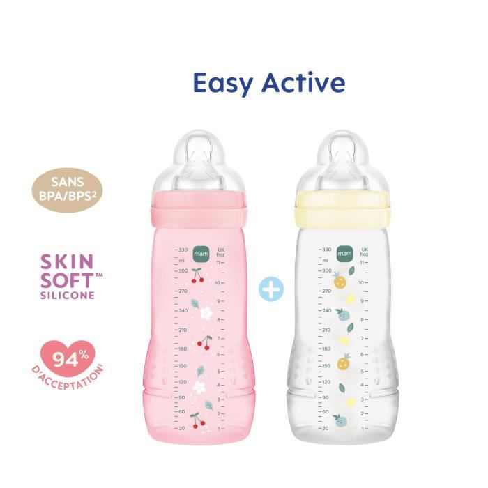 Lot de 2 Biberons - MAM BABY - Easy Active - +6 mois - 330 ml - Tétine débit X - Berry + Pearl