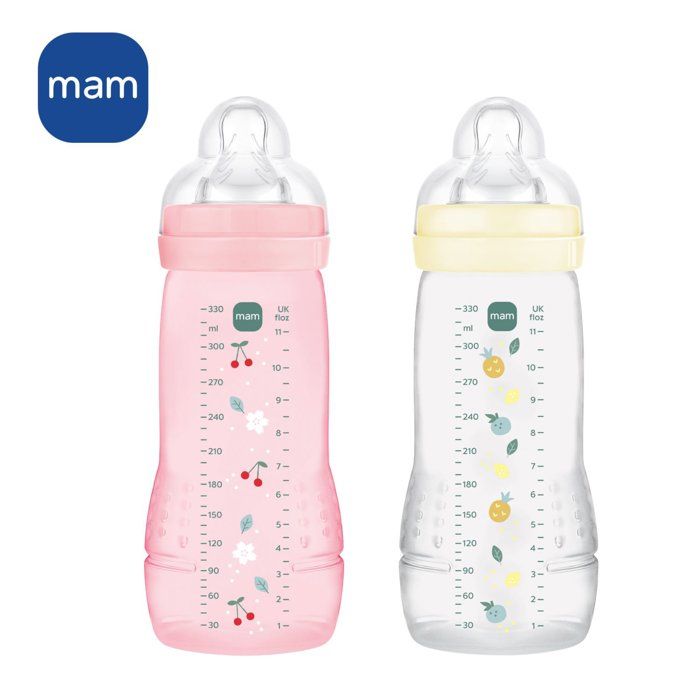 Lot de 2 Biberons - MAM BABY - Easy Active - +6 mois - 330 ml - Tétine débit X - Berry + Pearl