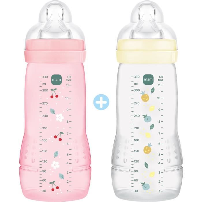 Lot de 2 Biberons - MAM BABY - Easy Active - +6 mois - 330 ml - Tétine débit X - Berry + Pearl