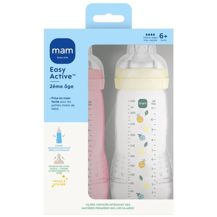 Lot de 2 Biberons - MAM BABY - Easy Active - +6 mois - 330 ml - Tétine débit X - Berry + Pearl