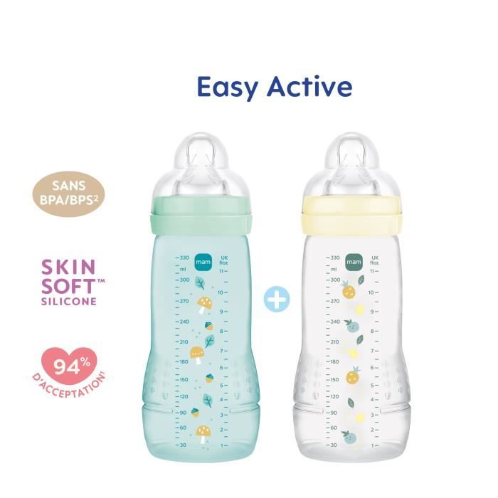 Lot de 2 Biberons - MAM BABY - Easy Active - +6 mois - 330 ml - Tétine débit X - Ice + Pearl