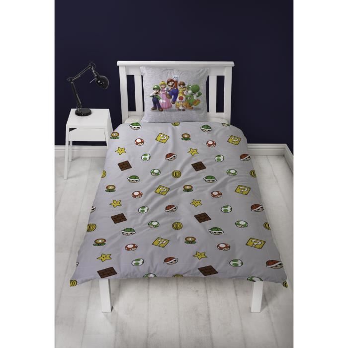 Parure de lit réversible - MARIO BROS - Super Mario - Microfibre - 1 housse de couette 140 x 200 cm + 1 taie 63 x 63 cm