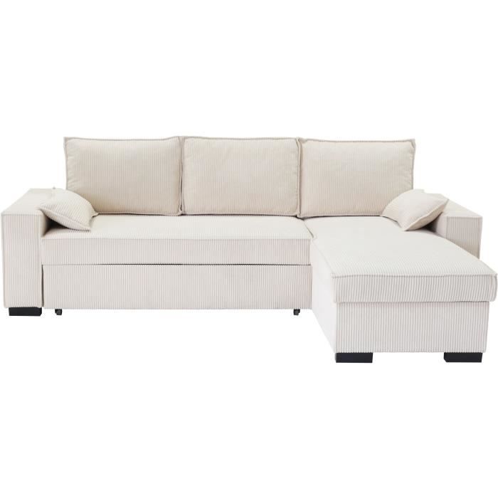 Canapé d'angle convertible réversible MARLON beige - Méridienne avec coffre - Velours côtelé L 240 x P 143 x H 85cm