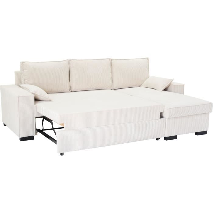 Canapé d'angle convertible réversible MARLON beige - Méridienne avec coffre - Velours côtelé L 240 x P 143 x H 85cm