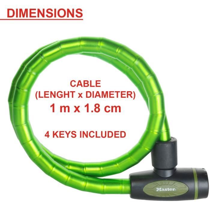 Antivol Masterlock Antivol Velo Cable articule 1m x ÿ 18mm - Coloris alÈatoire