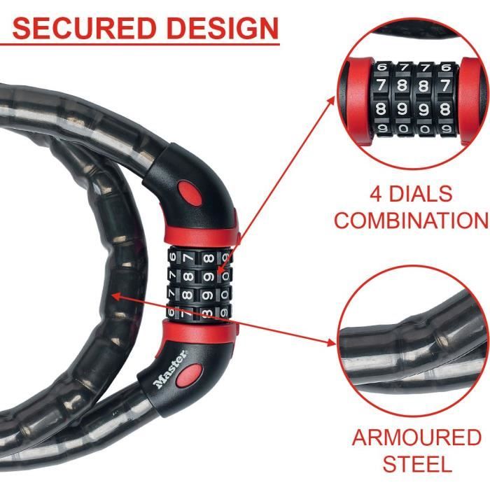 MASTER LOCK Cable Antivol Vélo - Idéal pour Vélo, Vélo Electrique, Skateboard, Poussettes, Tondeuses et autres Equipements