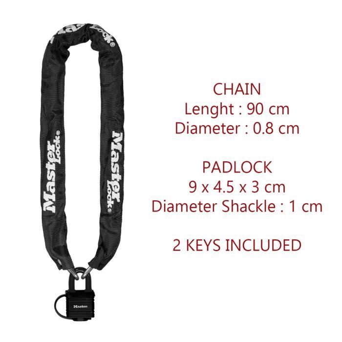ChaÓne antivol MASTER LOCK - 8390EURDPRO - 90cm x ÿ 6mm - Cadenas 40mm - Gaine nylon - Noir
