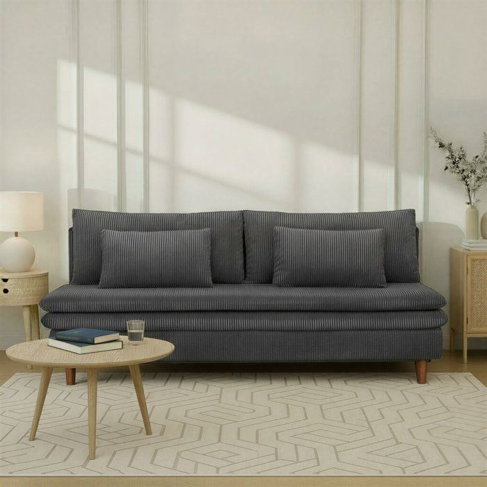 Canapé convertible - 3 places - MASSA - Tissu velours côtelé gris anthracite - Pieds bois massif - L 195 x H 82 x P 86 cm