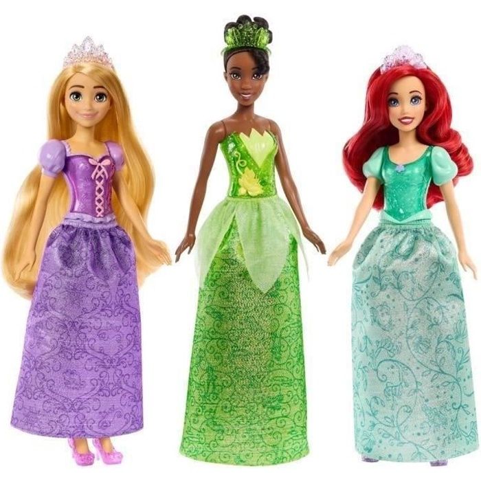 Mattel Princesses Disney Coffret de 3 poupées Tiana + Rapunzel + Ariel +accessoires et décors a double face a colorier, HLW45