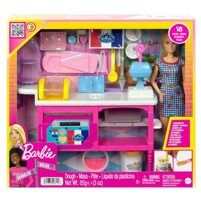 Barbie-Barbie P‚tisserie-Coffret poupÈe ´†Malibu†ª et 18†accessoires HJY19
