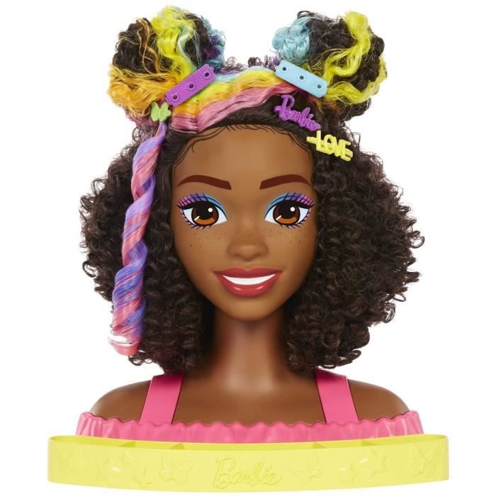 Barbie-Ultra Chevelure-Tete a Coiffer brune frisÈe meches arc-en-ciel HMD79