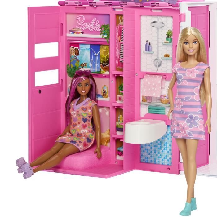 Barbie-Maison de vacances-Coffret et poupée, 4 zones et 11 accessoires HRJ77