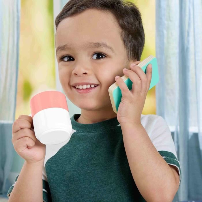 FISHER-PRICE Set de télétravail en Bois, 9 éléments avec ordinateur portable et téléphone en bois HXV11